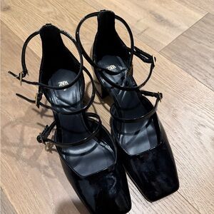 Zara Black Patent Strappy Square Heels